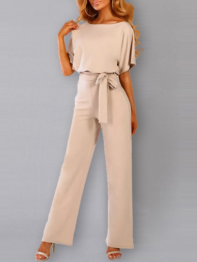 Women's Belted Jumpsuit Long Wide Leg Pant Party Romper Jumpsuits Casual Loose Short Sleeve Playsuits with Belts - LuckyFash™