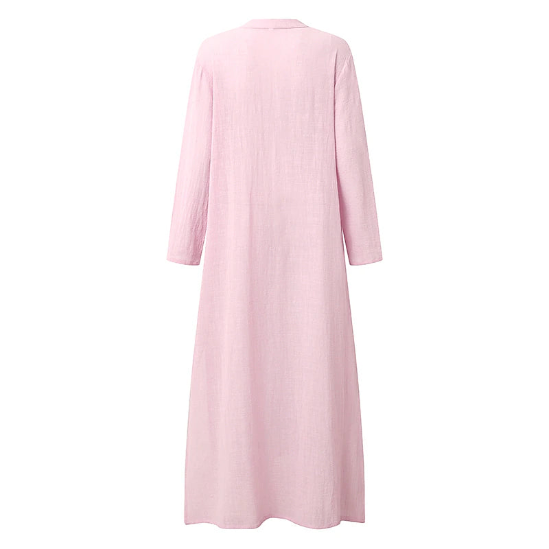 Women's Tunic Dress Maxi long Dress Cotton Linen Daily Notched Neck Long Sleeve Spring Light Pink Green