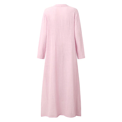 Women's Tunic Dress Maxi long Dress Cotton Linen Daily Notched Neck Long Sleeve Spring Light Pink Green