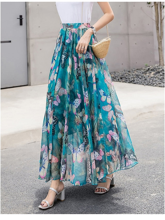 Women's Skirt Swing Long Skirt Maxi Chiffon Yellow Light Green Wine Red Skirts Summer Ruffle Print Without Lining Fashion Boho Long Summer Holiday Vacation S M L - LuckyFash™