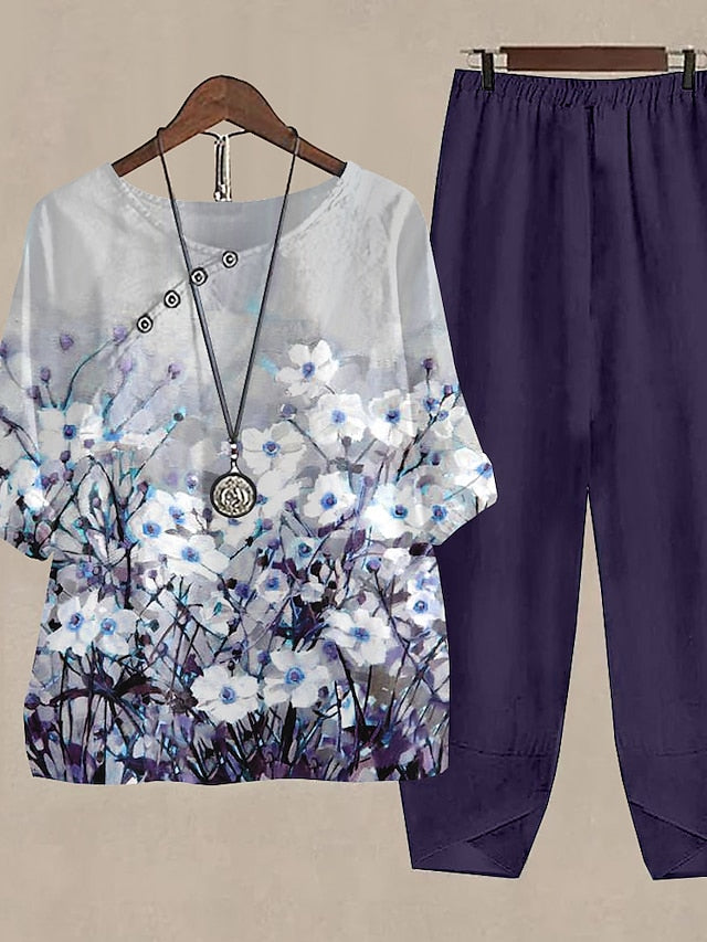 Women's Shirt Pants Sets Floral Holiday Weekend Print Blue Daily Basic Round Neck Fall & Winter