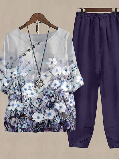 Women's Shirt Pants Sets Floral Holiday Weekend Print Blue Daily Basic Round Neck Fall & Winter