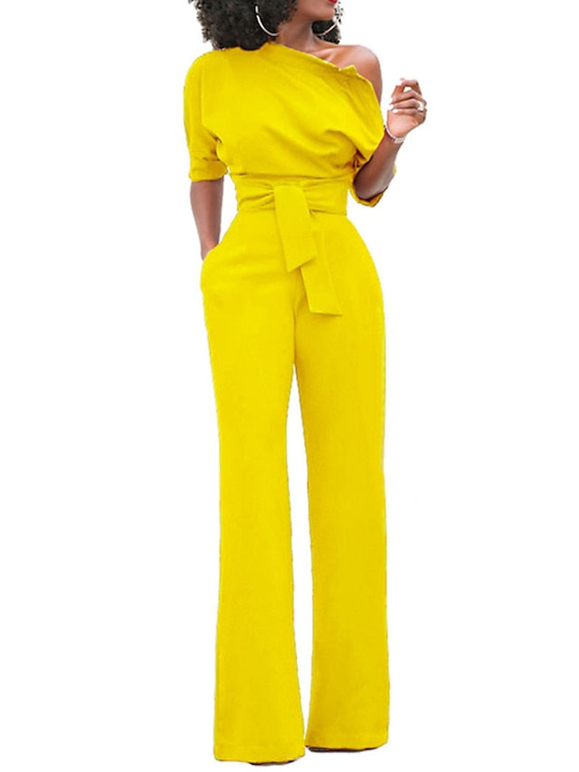 Jumpsuits for Women Summer Dressy Pocket High Waist Solid Color One Shoulder Elegant Party Street Regular Fit Half Sleeve Black Blue Yellow S M L Winter - LuckyFash™