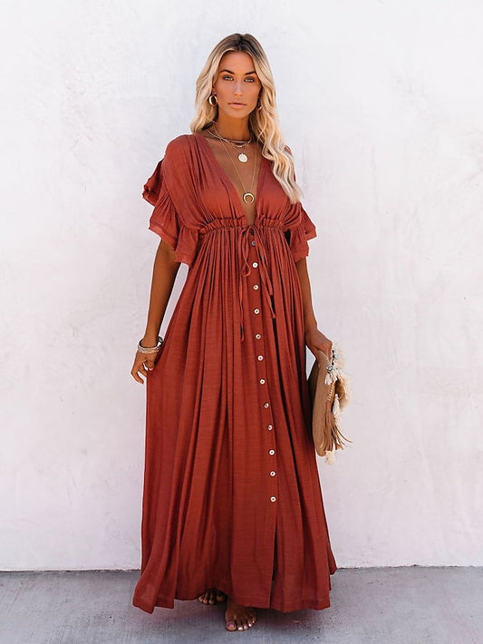 Women's Dress - Swing Dress Maxi long Dress Green Orange Rust Red White Black Backless Short Sleeve Solid Color Summer Spring V Neck Boho Beach Loose 2023 One-Size