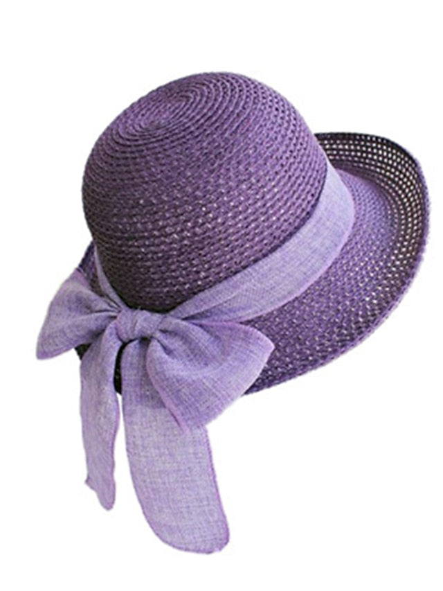 Women's Hat Straw Hat Sun Hat Purple Pink Camel Outdoor Street Dailywear Braided Bow Pure Color Portable Sun Protection Comfort - LuckyFash™
