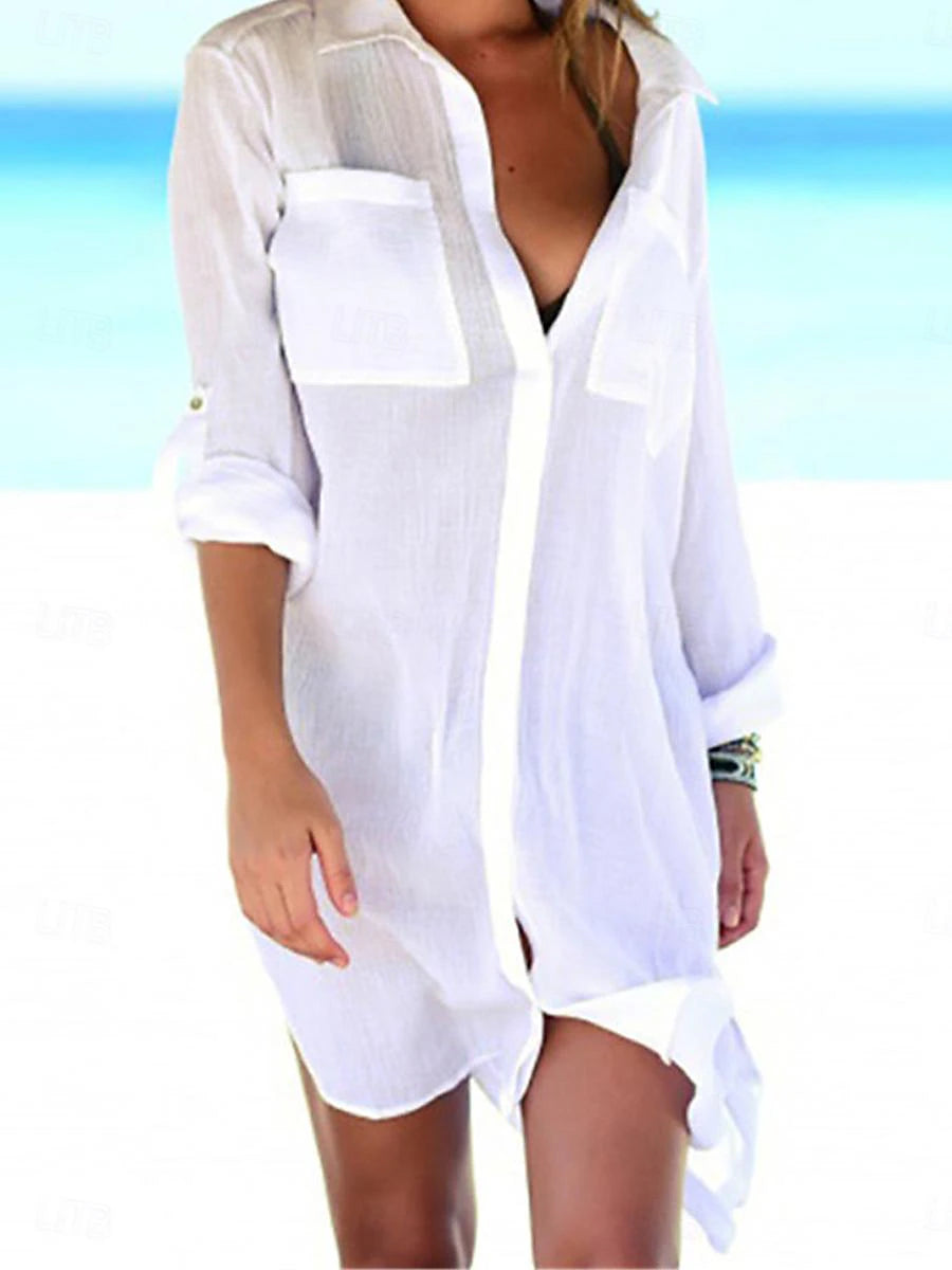 Women's White Dress Shirt Dress Cover Up Mini Dress Button Vacation Beach Basic Shirt Collar Long Sleeve Black White Navy Blue Color