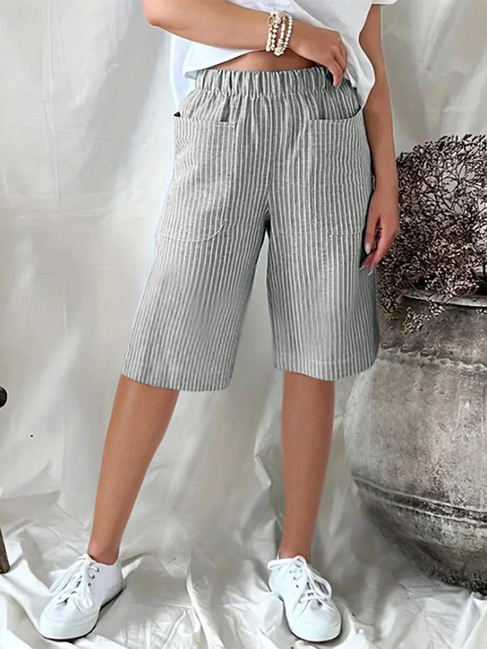 Women's Shorts Linen Cotton Blend Striped Black Yellow Casual Daily Knee Length Going out Weekend Summer