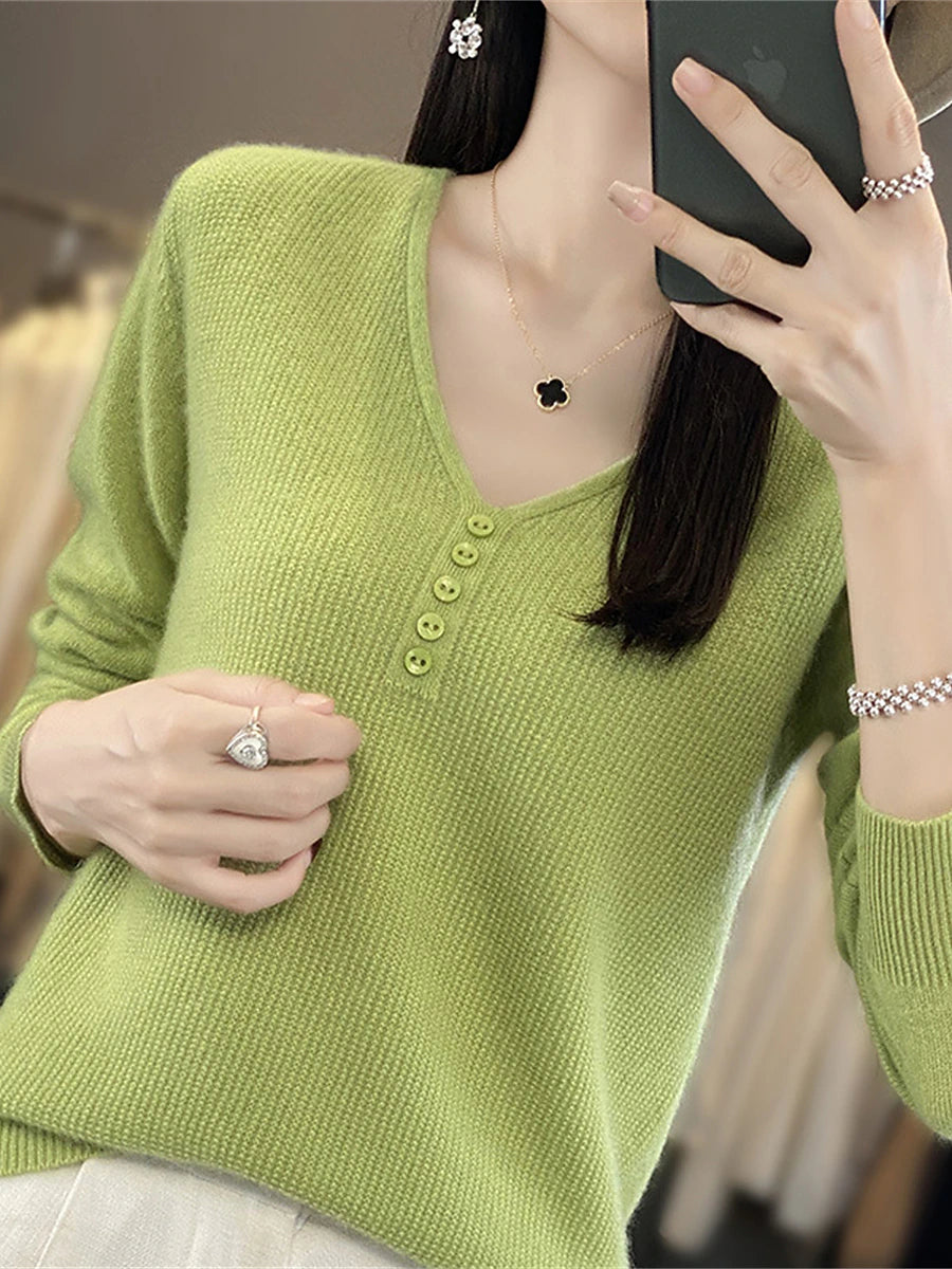 Women's Pullover Sweater Jumper V Neck Ribbed Knit Polyester Button Knitted Fall Winter Regular Outdoor Daily Holiday Fashion Streetwear Casual Long Sleeve Solid Color Black White Light Green S M L