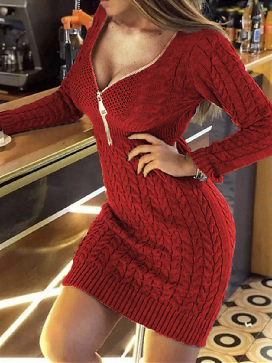 Women's Sweater Dress Jumper Dress Winter Dress Mini Dress Knitwear Fashion Daily Pure Color Outdoor Vacation Going out V Neck Long Sleeve Zipper 2023 Slim Black White Wine S M L XL XXL 3XL