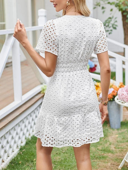 Women's Summer Dress White Lace Dress with Sleeves Mini Dress Lace Eyelet Vacation Casual Split Neck Short Sleeve Black White Yellow Color