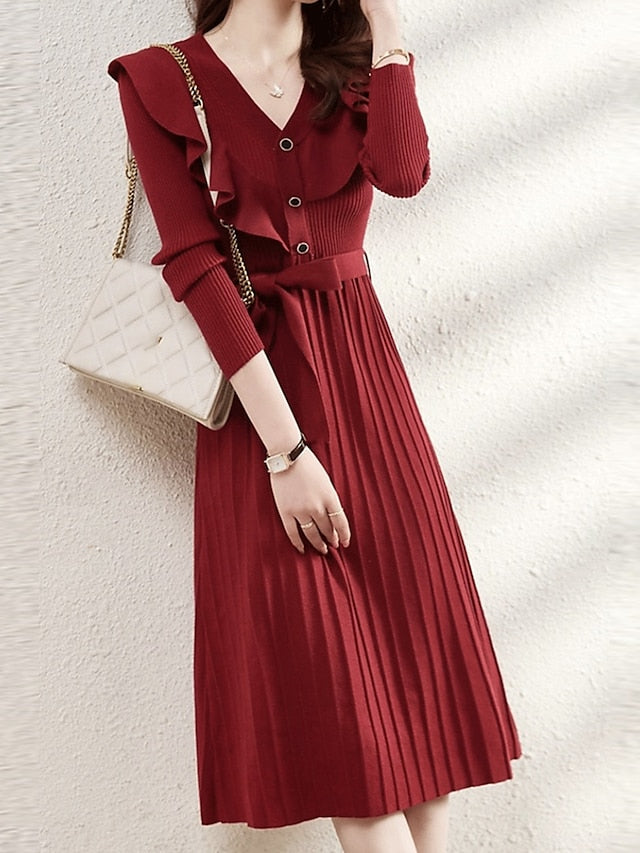 Women's Sweater Dress Knit Dress Christmas Sweater Dress Midi Dress Knitwear Fashion Daily Pure Color Outdoor Daily Going out V Neck Long Sleeve Tie Front Lace up Ruched 2023 Loose Fit Black Red S M