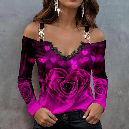 Women's Shirt Blouse Heart Rose Floral Casual Going out Print Lace Trims Cold Shoulder Yellow Long Sleeve Fashion V Neck Spring &  Fall