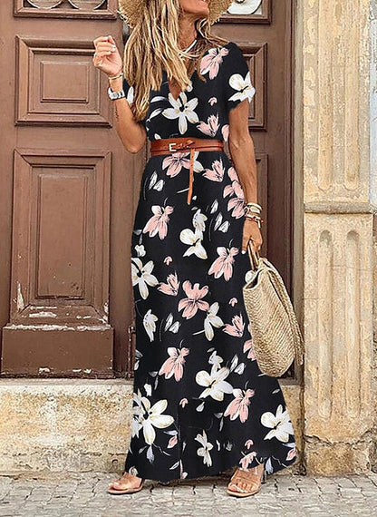 Women's Swing Dress Maxi long Dress Boho Dress Black Red Brown Short Sleeve Print Split Ruffle Button Spring Summer V Neck Vintage 2023 S M L XL XXL 3XL