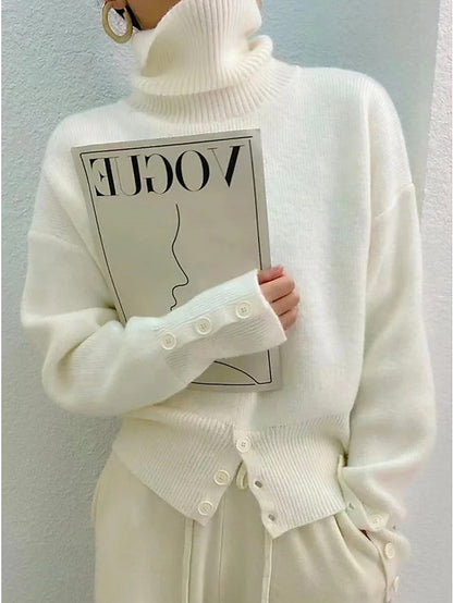 Women's Pullover Sweater Jumper Turtleneck Crochet Knit Knit Button Knitted Fall Winter Cropped Daily Holiday Stylish Casual Long Sleeve Solid Color White S M L