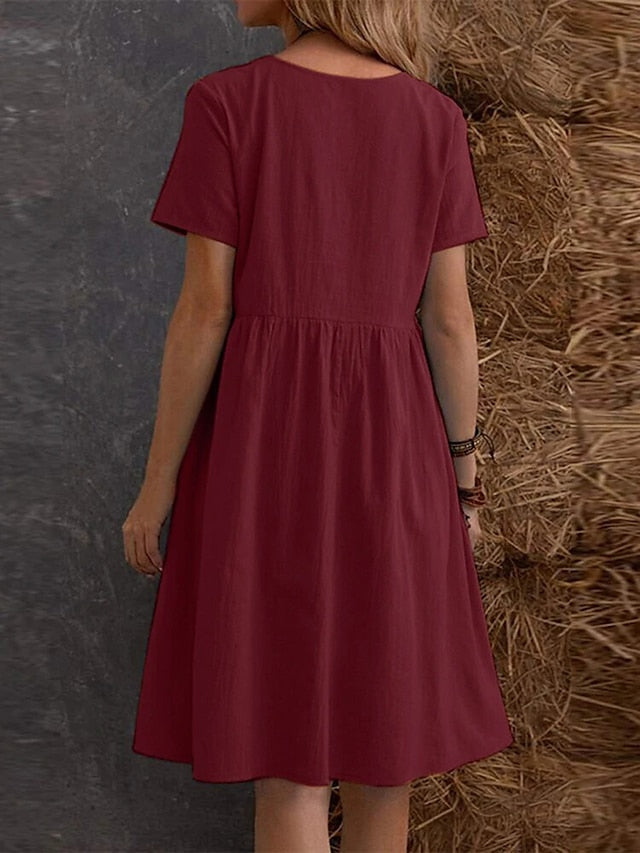 Women's Casual Dress Cotton Linen Dress Maxi long Dress Linen / Cotton Blend Fashion Street Style Daily Date Weekend Crew Neck Ruffle Pocket Short Sleeve Summer 2023 Regular Fit claret Black Yellow - LuckyFash™