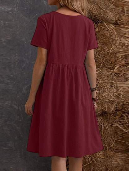 Women's Casual Dress Cotton Linen Dress Maxi long Dress Linen / Cotton Blend Fashion Street Style Daily Date Weekend Crew Neck Ruffle Pocket Short Sleeve Summer 2023 Regular Fit claret Black Yellow - LuckyFash™