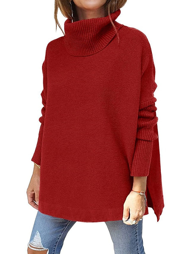 Women's Pullover Sweater Jumper Pullover Jumper Turtleneck Knit Acrylic Knitted Drop Shoulder Fall Winter Tunic Daily Stylish Long Sleeve Solid Color Black Wine Navy Blue S M L