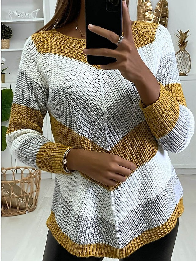 Women's Sweater Pullover Jumper Knitted Striped Color Block Stylish Basic Casual Long Sleeve Loose Sweater Cardigans Crew Neck Fall Winter Spring Wine Red Powder gray Yellow / Holiday / Going out - LuckyFash™