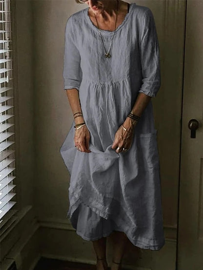 Women's Cotton Linen Dress Casual Dress Maxi long Dress Cotton Basic Casual Outdoor Daily Vacation Crew Neck Pocket Half Sleeve Summer Spring 2023 Loose Fit Black Yellow Blue Plain S M L XL 2XL - LuckyFash™