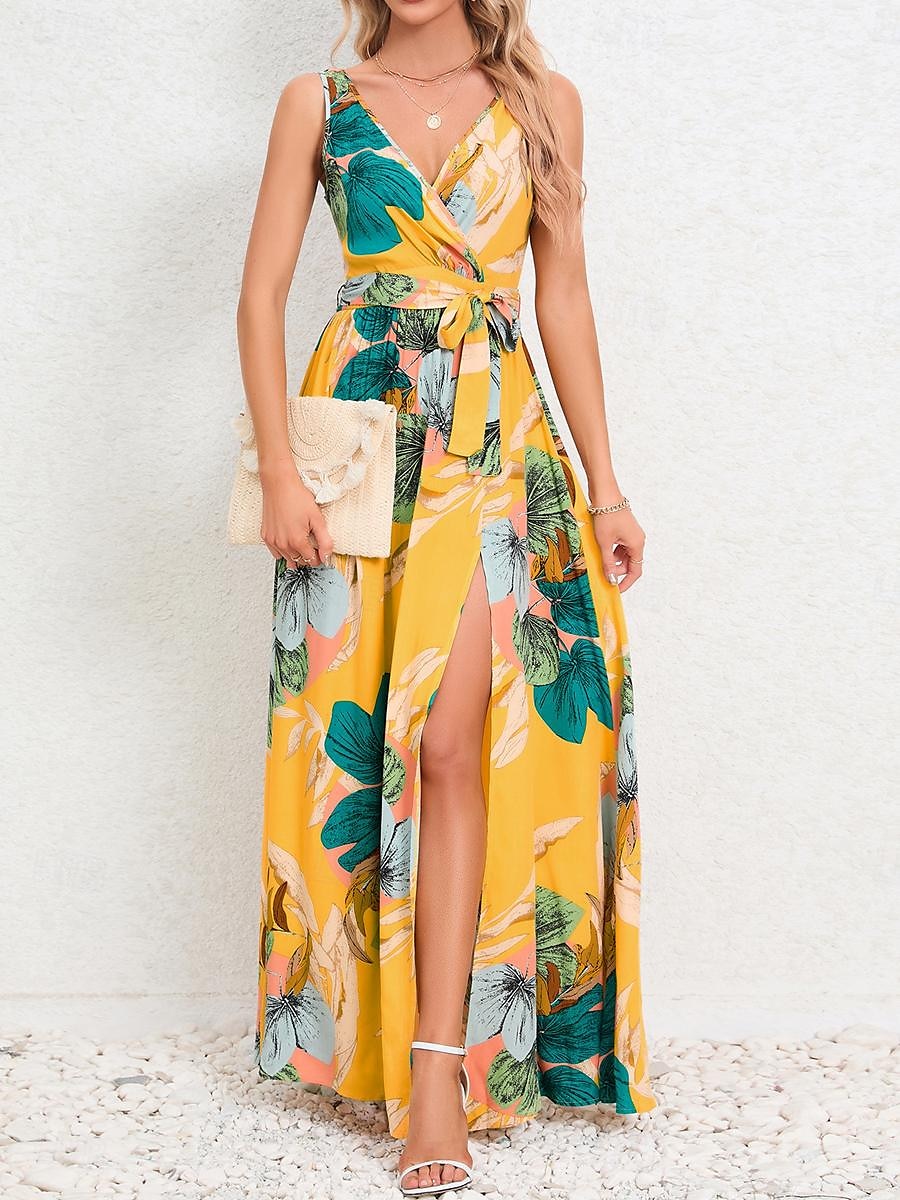 Women's Split V Neck Long Dress Maxi Dress Sleeveless Summer