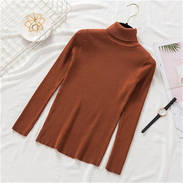 Women's Pullover Sweater Jumper Turtleneck Ribbed Knit Spandex Knitted Thin Fall Winter Daily Basic Casual Long Sleeve Solid Color caramel Black White One-Size 2XL / 3XL S / M