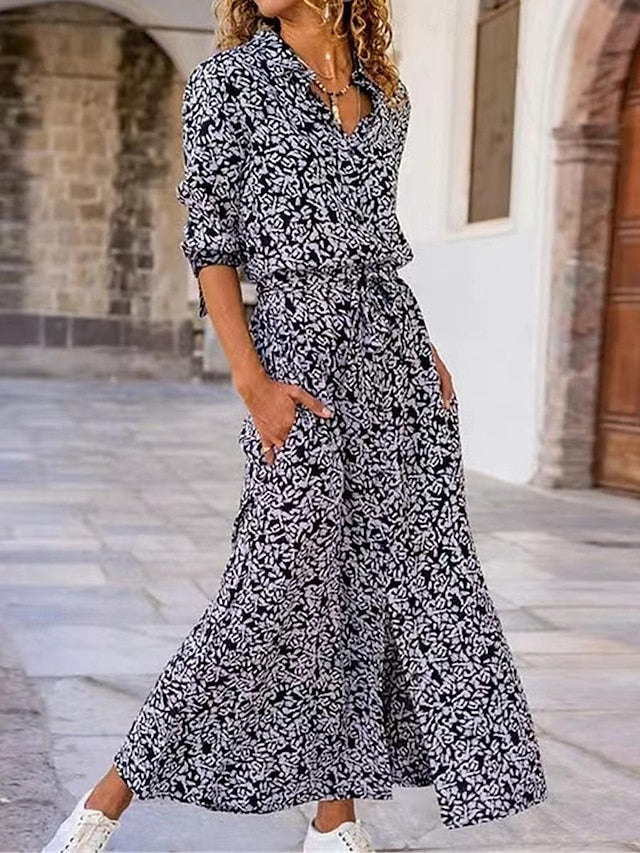 Women's Shirt Dress Floral Print Split Thigh Shirt Collar Long Dress Maxi Dress Bohemia Daily Vacation Long Sleeve Summer