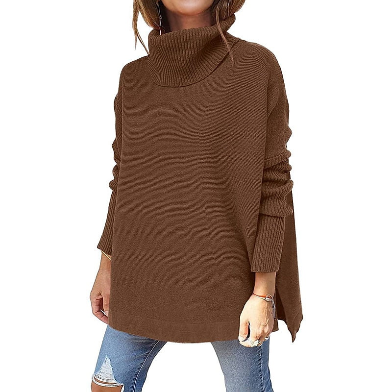 Women's Pullover Sweater Jumper Pullover Jumper Turtleneck Knit Acrylic Knitted Drop Shoulder Fall Winter Tunic Daily Stylish Long Sleeve Solid Color Black Wine Navy Blue S M L