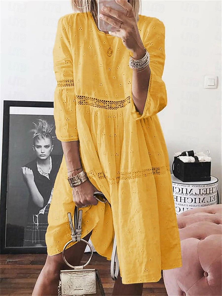 Women's White Dress Lace Dress Casual Dress Midi Dress Cotton with Sleeve Date Basic Crew Neck 3/4 Length Sleeve White Yellow Purple Color