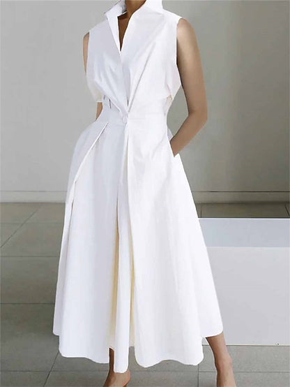 Women's Shirt Dress Swing Dress Maxi Dress Cotton Linen Button Pocket Elegant Solid Shirt Collar Sleeveless Summer Spring White