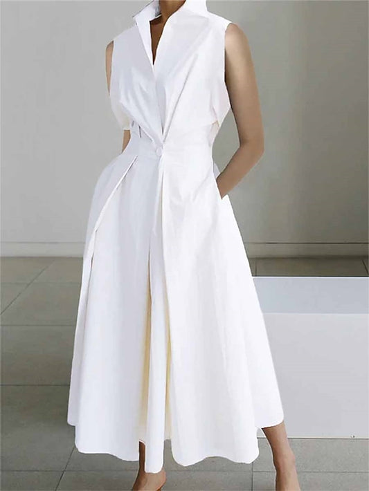 Women's Shirt Dress Cotton Linen Dress Wrap Dress Maxi long Dress Cotton Blend Fashion Elegant Outdoor Office Business Shirt Collar Button Pocket Sleeveless Summer Spring 2023 Loose Fit White Plain S - LuckyFash™