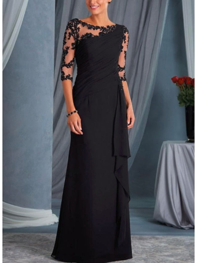 A-Line Mother of the Bride Dress Plus Size Bateau Neck Floor Length Chiffon Lace Half Sleeve with Draping Appliques 2023 - LuckyFash™