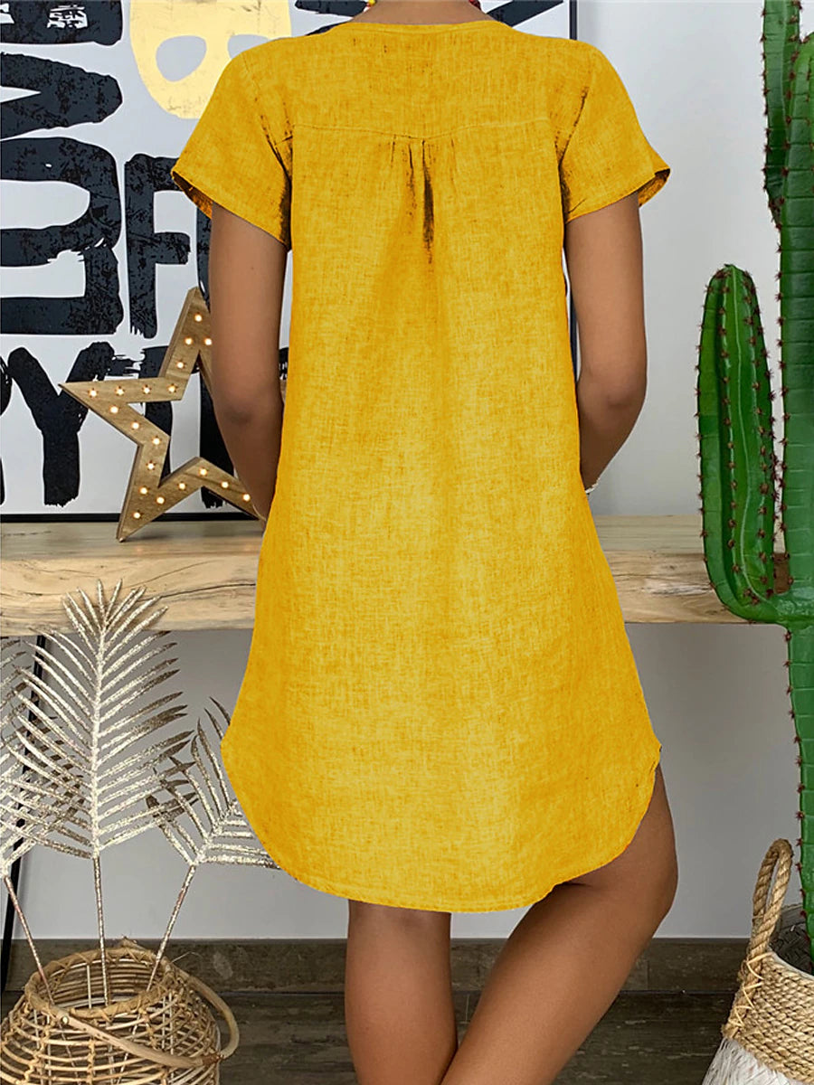 Women's White Dress Mini Dress Linen Split Date Basic Split Neck Short Sleeve White Yellow Pink Color