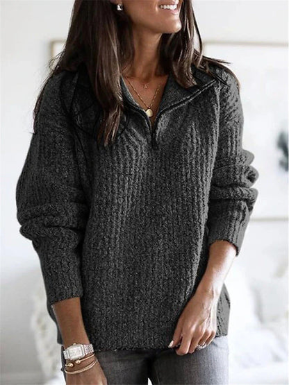 Women's Sweater Pullover Jumper Zipper Knitted Solid Color Stylish Basic Casual Long Sleeve Regular Fit Sweater Cardigans V Neck Stand Collar Fall Winter Spring Blue Gray Pink / Daily / Going out