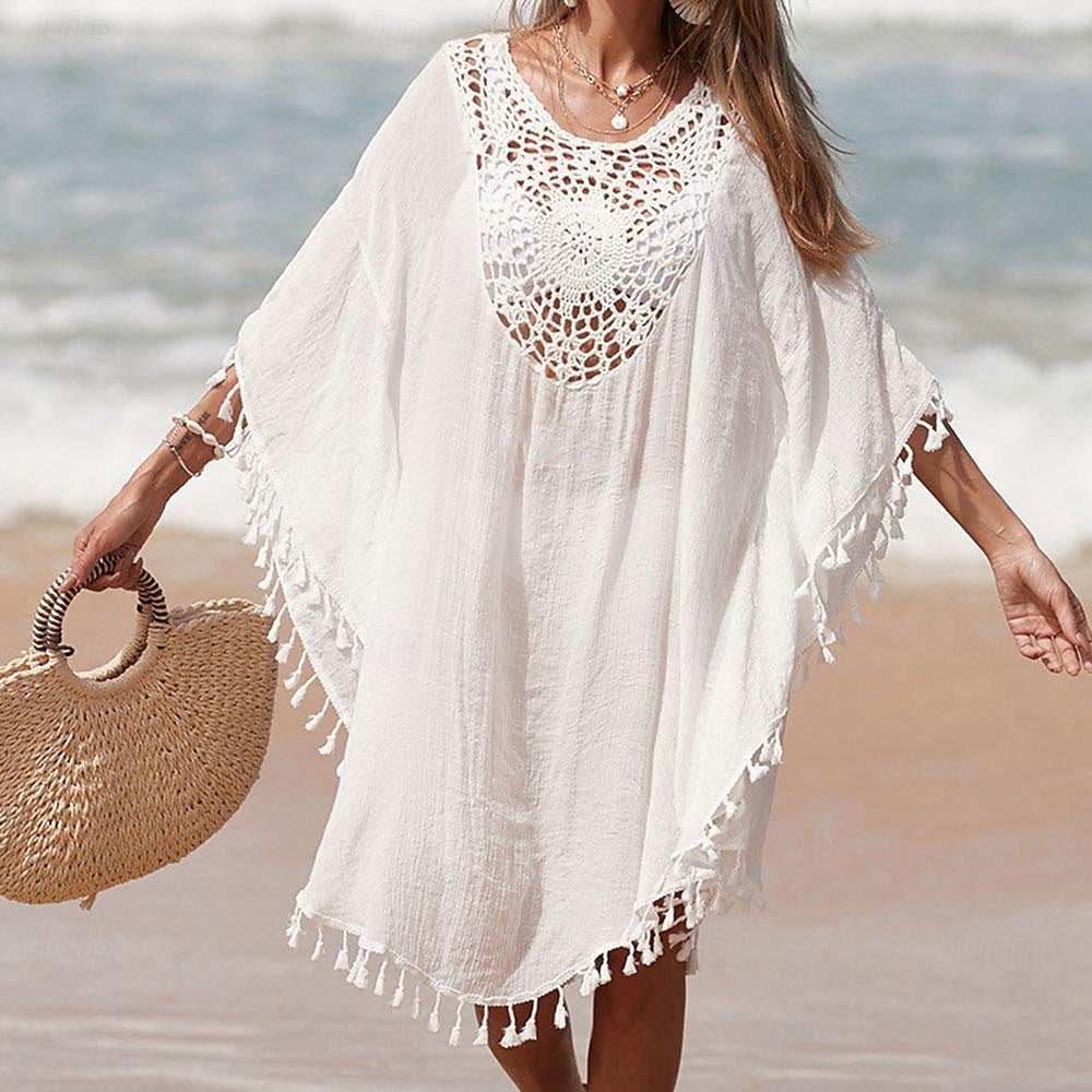 Women's Summer Dress Cover Up Tassel Cut Out Beach Wear Holiday Sleeveless Black White Blue Color