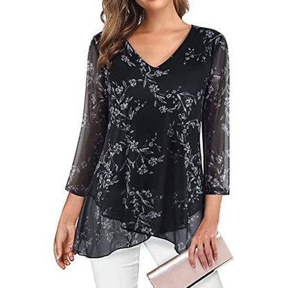 Women's Shirt Blouse Floral Graphic Casual Print Asymmetric Black Long Sleeve Daily Basic V Neck Fall & Winter