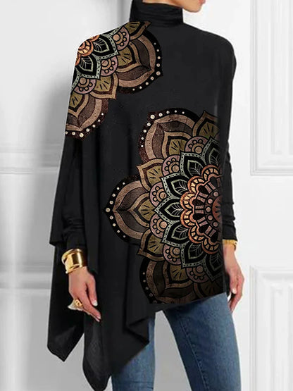 Women's T shirt Tee Floral Holiday Weekend Print Asymmetrical Black Long Sleeve Fashion High Neck Spring &  Fall