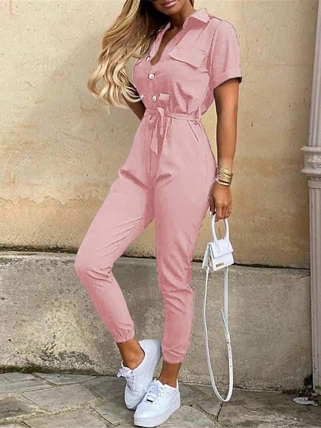 Women's Jumpsuit Button Solid Color Shirt Collar Streetwear Daily Vacation Regular Fit Short Sleeve Pink Wine Navy Blue S M L Summer - LuckyFash™