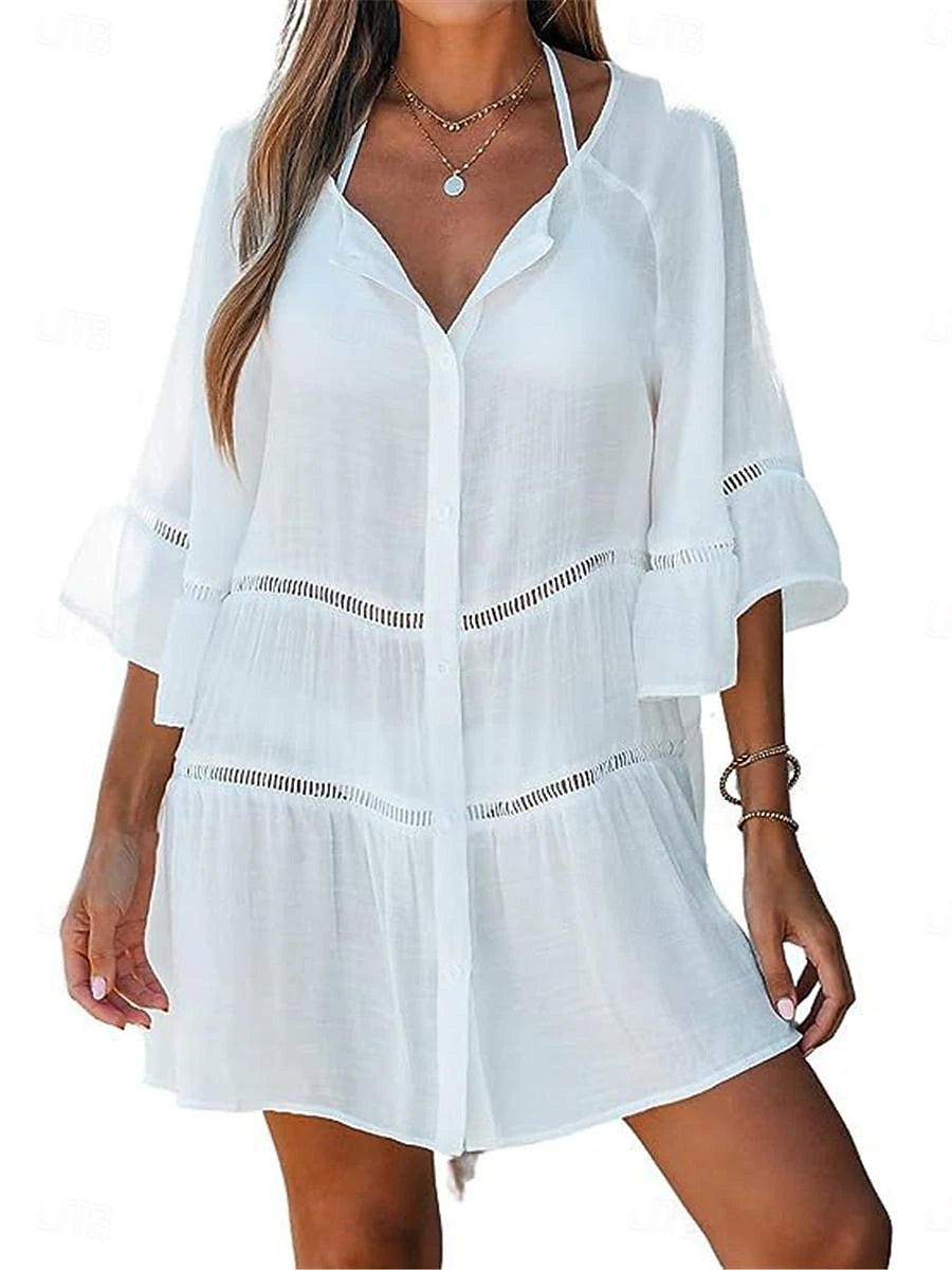 Women's White Dress Casual Dress Summer Dress Mini Dress Cotton Eyelet Vacation Beach Basic V Neck 3/4 Length Sleeve White Color