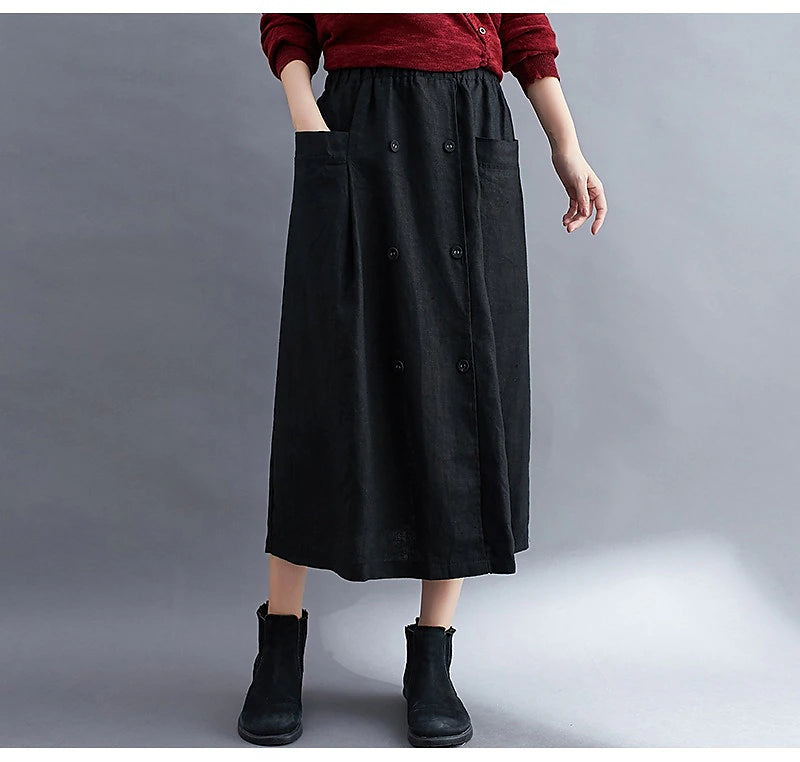 Women's Skirt A Line Long Skirt Linen Skirts Midi Skirts Pocket Split Ends Solid Colored Street Daily Spring & Summer Cotton Linen coastal grandma style Basic Casual Long Black Brown Green Apricot