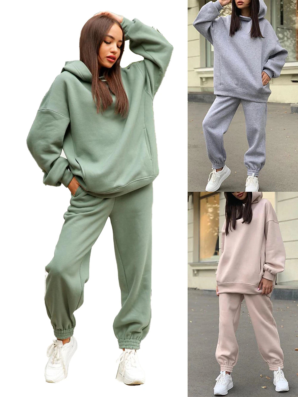 Women's Sweatsuit Activewear Set Yoga Set Winter Pocket Hooded Solid Color Tracksuit Green White Yoga Gym Workout Running Thermal Warm Sport Activewear / Athletic / Athleisure