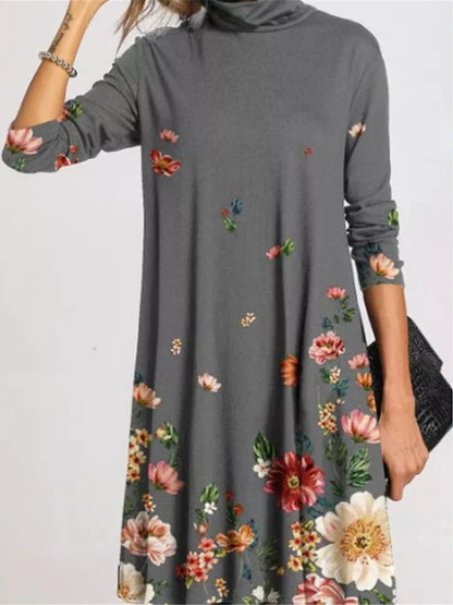 Women's Winter Dress T Shirt Dress Tee Dress Floral Print Turtleneck Midi Dress Daily Vacation Long Sleeve Fall Winter