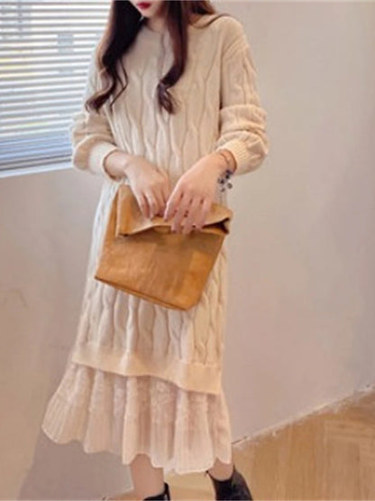 Women's Sweater Dress Knit Dress Jumper Dress Long Dress Maxi Dress Knitwear Fashion Daily Plain Outdoor Casual Holiday Vacation Crew Neck Long Sleeve Ruched Patchwork 2023 Loose Fit Black White Pink