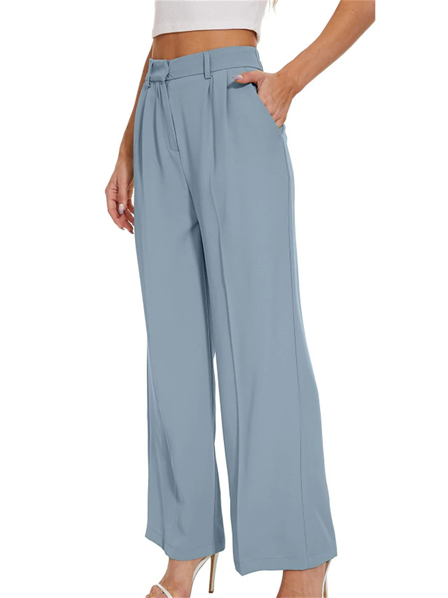 Women's Dress Pants Polyester Solid Color Light Blue Ivory white Elegant High Waist Full Length Office Street Fall Winter