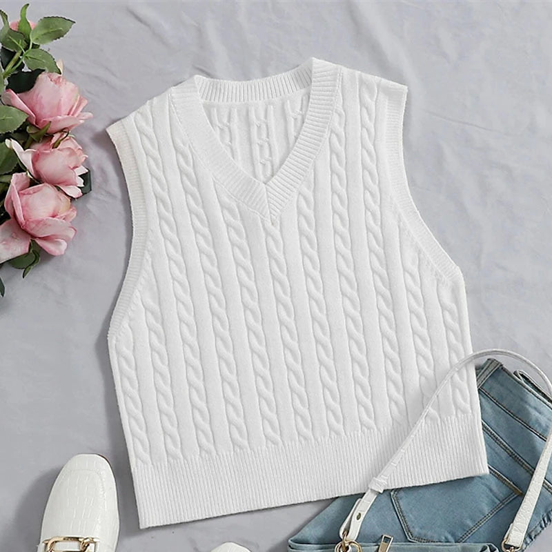 amazon hot selling sweater vest european and american fashion casual sleeveless sweater cable v-neck knitted vest women