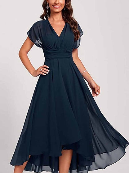 Womenâ€˜s Wedding Guest Dress Swing Dress Semi Formal Dress Midi Dress Blue Short Sleeve Pure Color Mesh Summer Spring Fall V Neck Wedding Guest Vacation Spring Dress S M L XL 2XL 3XL - LuckyFash™