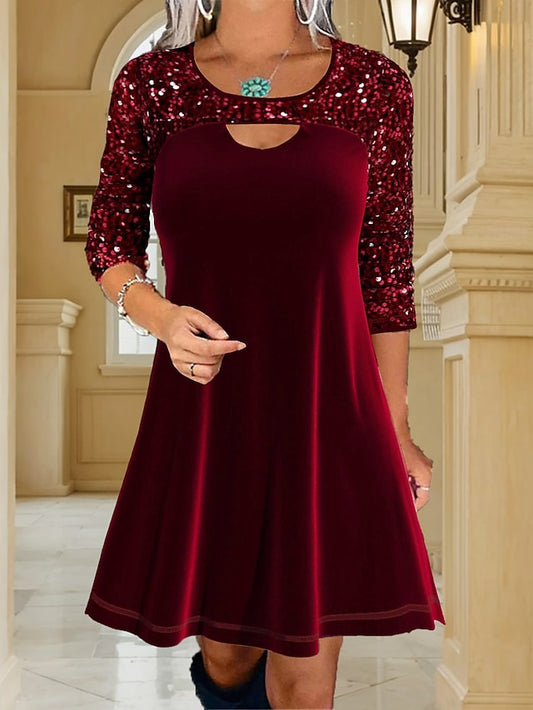 Women's Velvet Dress Sequin Dress Party Dress Velvet Sequins Cut Out Crew Neck Long Sleeve Mini Dress Christmas Birthday Wine Spring Winter