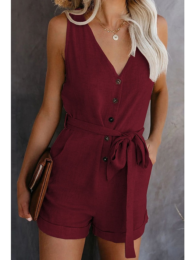 Women's Romper Solid Color Basic Holiday Daily Wear Regular Fit Sleeveless Wine Blue White S M L Spring & Summer - LuckyFash™