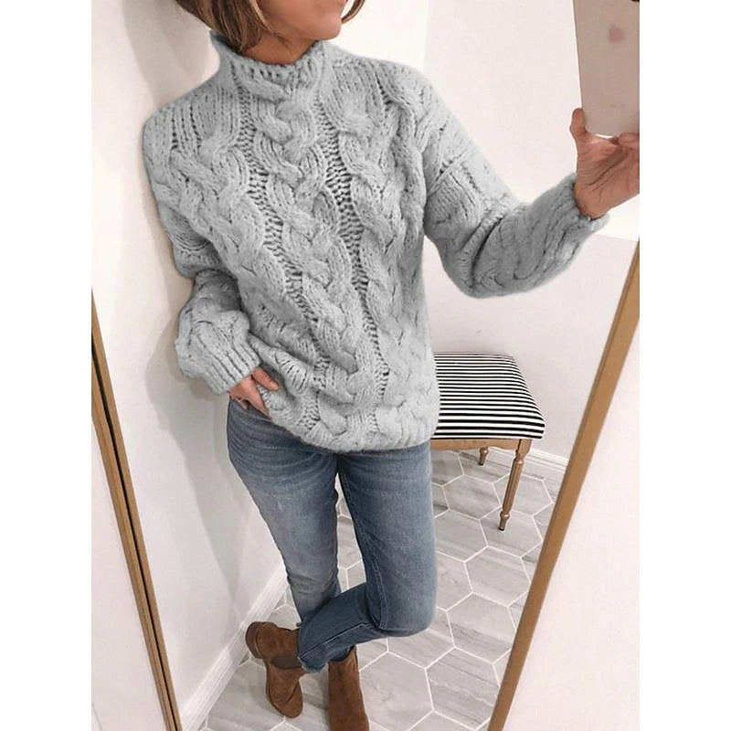 Women's Pullover Sweater Knitted Solid Color Basic Casual Chunky Long Sleeve Sweater Cardigans Turtleneck Fall Winter Yellow Blushing Pink Gray