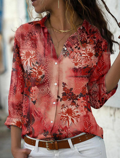 Women's Shirt Blouse Floral Daily Vacation Button Print Red Long Sleeve Casual Shirt Collar Spring &  Fall