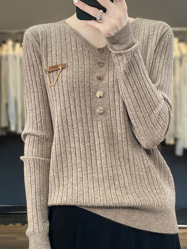 Women's Pullover Sweater Jumper V Neck Ribbed Knit Polyester Button Fall Winter Regular Outdoor Daily Going out Stylish Casual Soft Long Sleeve Solid Color Black White Yellow S M L